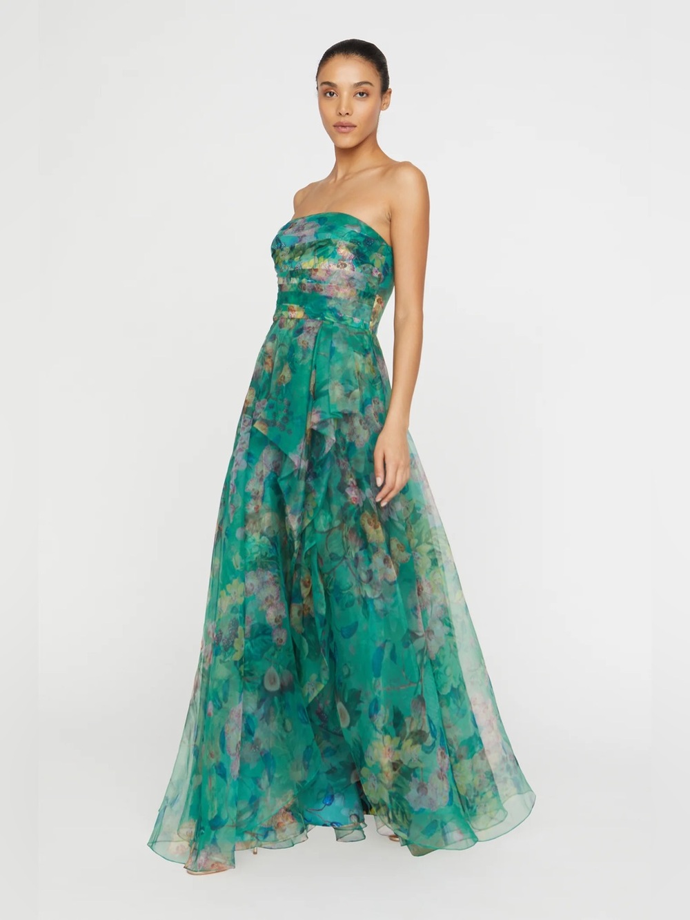 Theia Connie Strapless Teal Green Floral Organza Gown